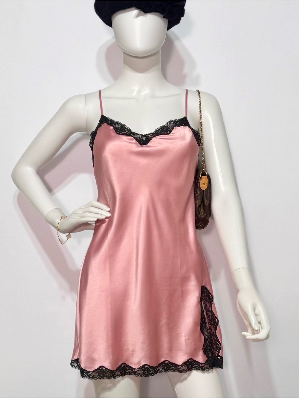 VTG y2k rare Victoria's Secret Pink Satin Slip with Black Lace Trim | S
